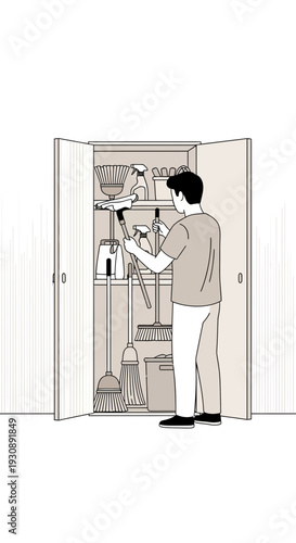 Organized Cleaning Supplies Closet Storage Solution With Person