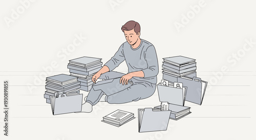 Overwhelmed Man Surrounded By Stacks Of Paperwork And Files
