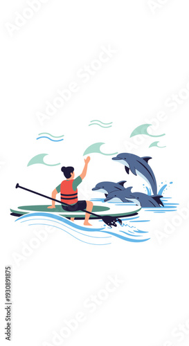 Paddleboarder Interacting With Dolphins in the Ocean During Sunny Summer Adventure