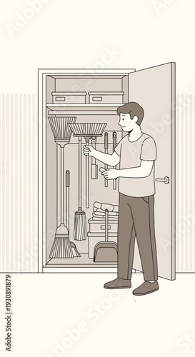 Organized Closet With Cleaning Supplies And A Man Tidying Up