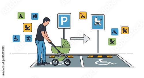 Parent Navigating Parking Signs With Stroller Diverse Needs Accommodation