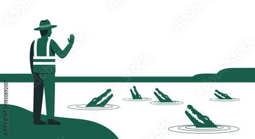 Park Ranger Warns of Danger, Gesturing at Alligators, A Safety Reminder Concept