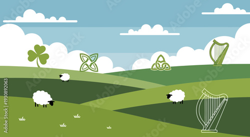 Pastoral Irish Landscape With Sheep Harps And Celtic Knots