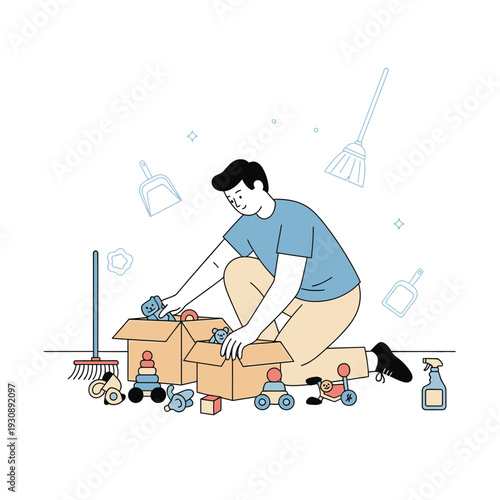 Organizing Toys For A Tidy Playroom With Cleaning Supplies Nearby