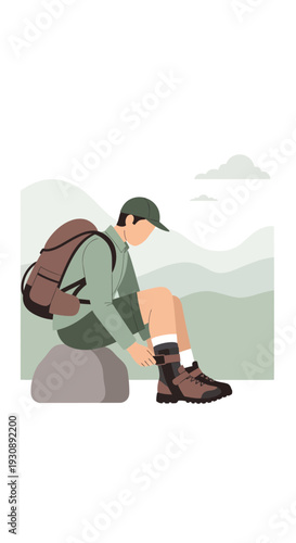 Outdoor Adventure Preparation Man Adjusts Hiking Boots Before Journey Scenic Background