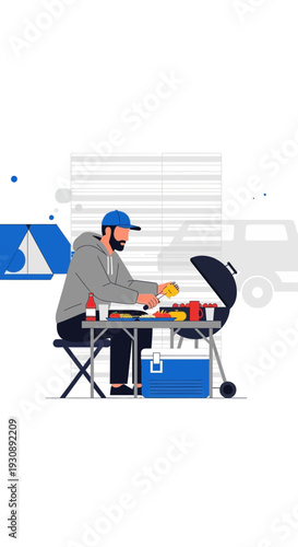 Outdoor Barbecue Fun Man Grilling Food At Campsite