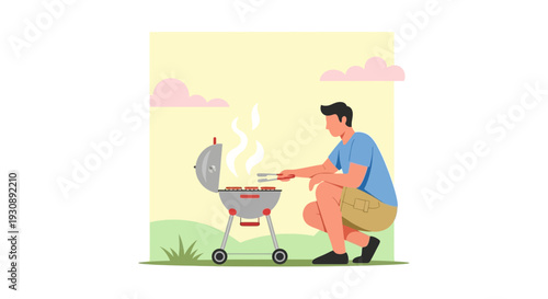 Outdoor Barbecue Fun With A Person Grilling Sausages On A Sunny Day