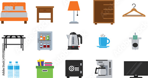 Home furniture and household appliances icon set, modern flat design interior elements isolated on white background illustration