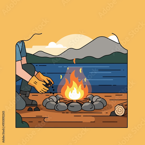 Outdoor Campfire Scene With Person Adding Fuel And Mountains In Background