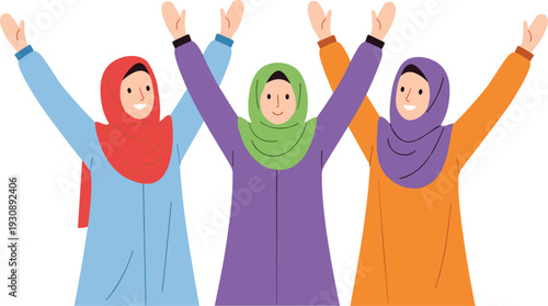 Group of Joyful Muslim Women in Colorful Hijabs and Abayas Raising Hands in Celebration for Diversity Empowerment and Islamic Community Graphic Design