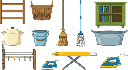 Household cleaning and home utility equipment set featuring mop bucket broom iron cabinet drying rack and kitchen cookware vector illustration