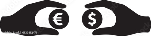 Hands Holding Euro and Dollar Currency Coins Silhouette Vector for Financial Exchange Global Trade Economy and Banking Comparison Infographics