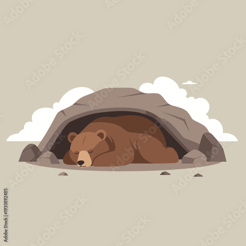 Peaceful Brown Bear Hibernating Inside Rocky Cave During Winter Rest