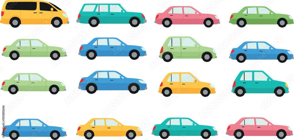 Fototapeta premium Colorful Car Icon Set with Flat Urban Vehicles for Transportation Apps Traffic Illustrations City Maps and Automotive Graphic Design Projects