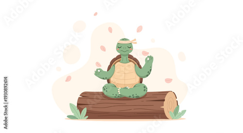 Peaceful Turtle Meditating Calmly On A Log Surrounded By Petals
