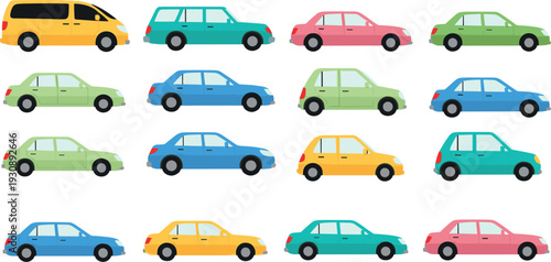 Colorful Car Icon Set with Flat Urban Vehicles for Transportation Apps Traffic Illustrations City Maps and Automotive Graphic Design Projects