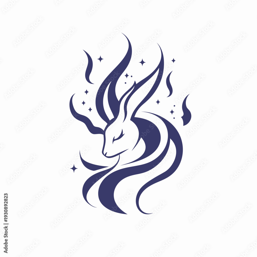 Obraz premium Elegant rabbit silhouette with stylized flames and stars on white background