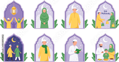 Islamic Life Illustration Set Featuring Muslim Family Celebrating Giving Gifts Praying and Reading Quran in Purple Archway Frames for Eid Mubarak and Ramadan Design
