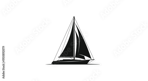 Sailing yacht with black sails on calm waters in minimalist line art style on white background for design and leisure concepts