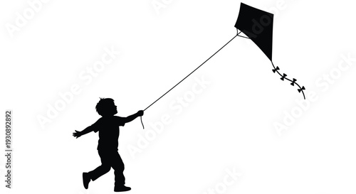 Silhouette of a joyful child running and flying a black kite with tail on a white background symbolizing freedom and childhood happiness