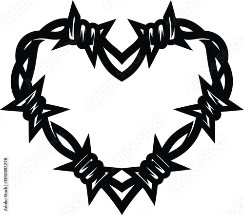Heart shape made from sharp barbed wire symbolizes painful love.