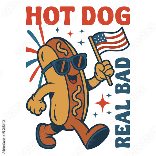 Funny Patriotic Hot Dog Character with USA Flag – Real Bad 4th of July Illustration