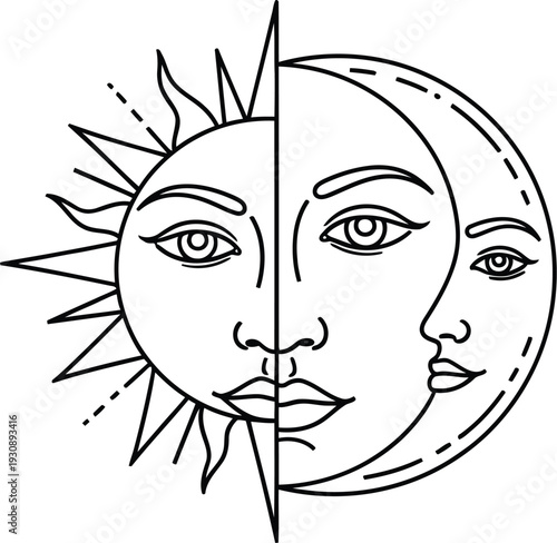 Stylized sun and crescent moon faces represent cosmic duality and mystical.