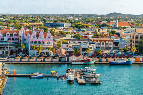 A view towards the shore from the cruise terminal  in Oranjestad, Aruba on a bright morning