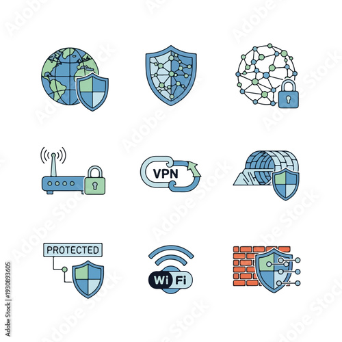 A collection of nine cybersecurity icons including shields, locks, and networks in blue and green hues on a white background. Perfect for technology, security, and software presentations.
