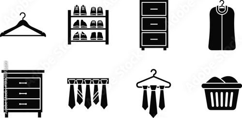 Wardrobe and closet storage icons set featuring hanger dresser shoe rack tie collection laundry basket black silhouette vector illustration