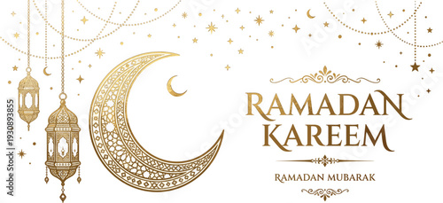 Ramadan Kareem Greeting Card with Ornate Golden Crescent Moon Hanging Lanterns and Stars for Islamic Holidays Eid al-Fitr and Spiritual Festive Celebration