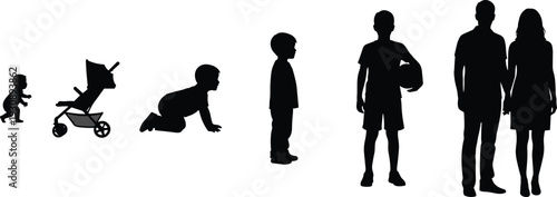 Human life cycle evolution silhouettes set from baby crawling and childhood to adulthood with parents, black vector icons for family growth and aging process design