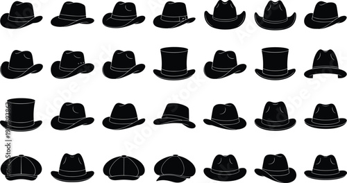 Large collection of black hat silhouettes with fedora cowboy hat top hat and flat caps, vector icons for fashion headwear gentleman style and clothing branding
