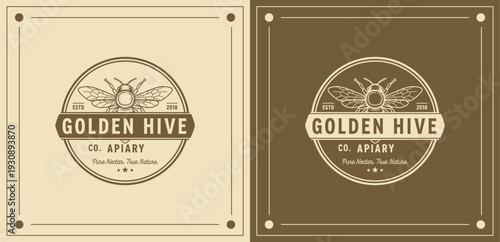Golden Hive Apiary Logo Design Set with Beige and Brown Backgrounds and Ornate Frames