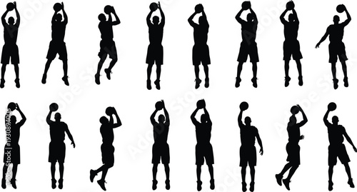 Large set of black basketball player silhouettes in various jumping and shooting poses, vector icons for sports team competition athletic training and game branding