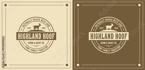 Vintage style emblem of Highland Hoof riding horse logo on two-toned brown background card template with badge and border