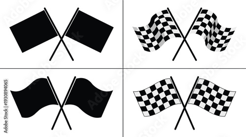 Set of Crossed Racing Flags with Checkered Finish Pattern and Solid Black Silhouettes for Automotive Sports Competition and Victory Branding