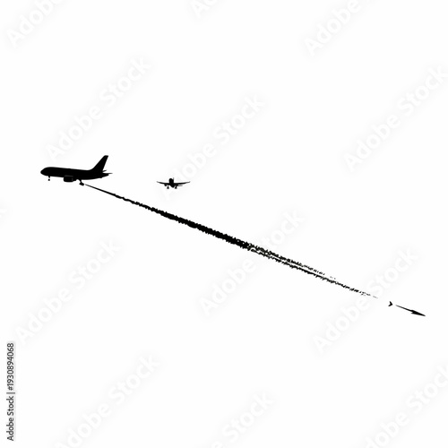 Silhouetted aircraft in flight airplane and jet contrails on white background