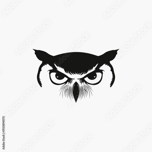 Bold owl illustration black and white vector graphic with intense gaze