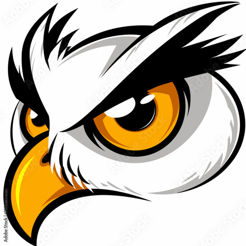 Close up illustration of an owl head with intense gaze and white feathers