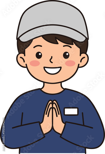 Smiling Male Service Worker Character Wearing Blue Uniform and Grey Cap with Hands Pressed Together in Greeting for Customer Support and Hospitality Graphic Design