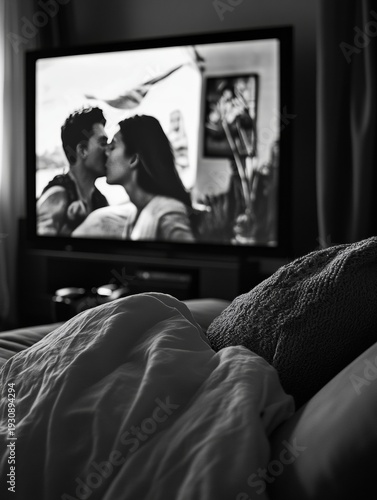 A warm, inviting scene of a person snuggled up in bed with the light from a television illuminating their face as they watch a movie.