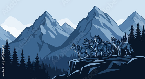 Illustration of wolves standing on a rocky cliff in front of mountains.