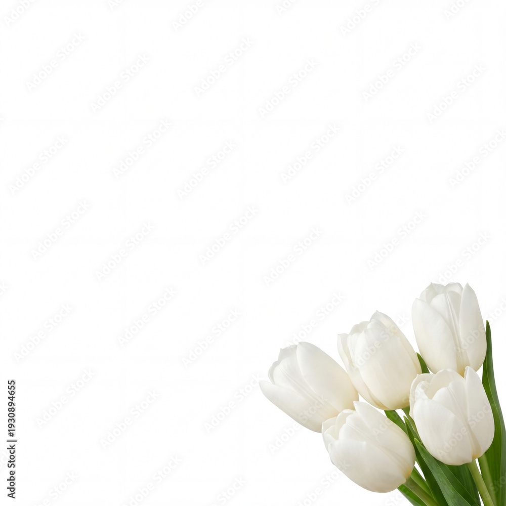 Fototapeta premium White tulips in bouquet on white background for International Women's Day celebration. White tulips arranged beautifully, symbolizing purity and beauty,