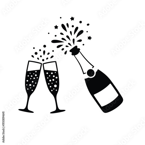 A black and white silhouette of a champagne bottle popping with two full flutes, symbolizing celebration and toast.