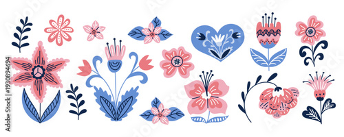 Hand drawn folk floral vector set with blue and pink flowers isolated on white background. Concept of spring decoration, scandinavian ornament, romance and nature