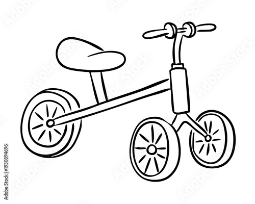 Hand drawn tricycle vector illustration with simple line art and black outline isolated on white background. Concept of childhood, toy, balance, mobility and transportation