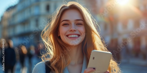 Blonde female holding cell phone outdoors during day