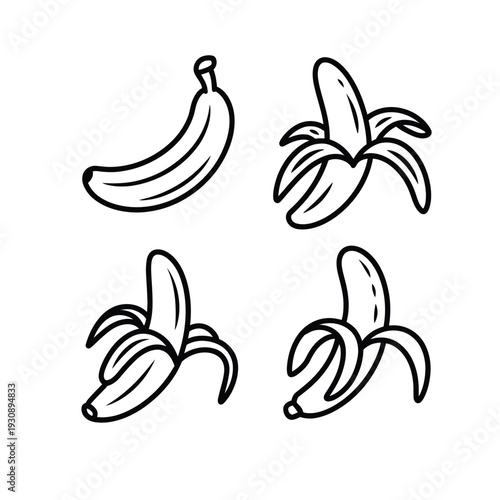 Line art drawings illustrating a whole banana and three partially peeled bananas, showcasing different stages of peeling.