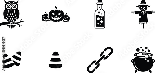 Set of black Halloween spooky icons with owl on branch carved pumpkins magic potion bottle scarecrow candy corn metal chain and bubbling cauldron symbols